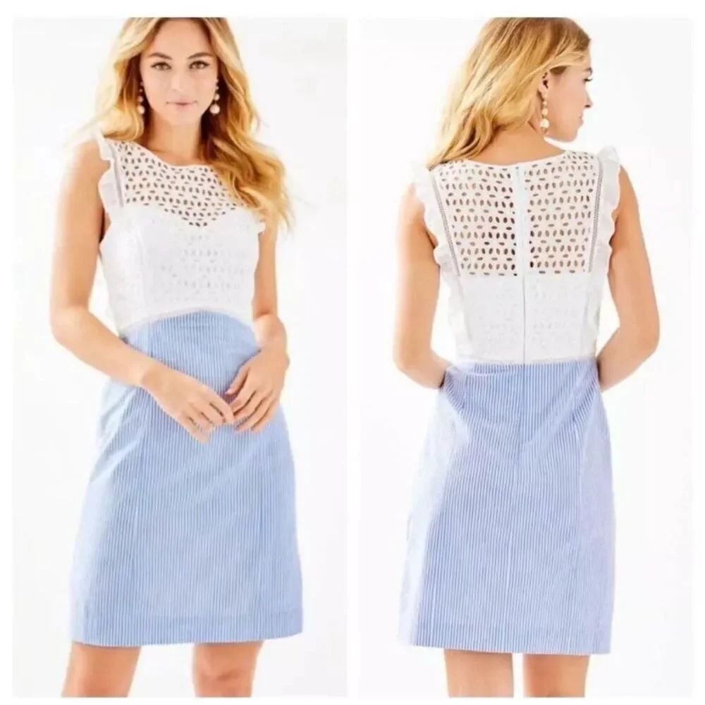 Lilly Pulitzer Maya Shift Dress in Coastal Blue Seersucker & White Eyelet Sz 0 N